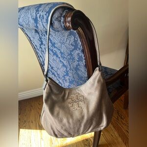 Tory Burch metallic tan pebbled leather large shoulder bag